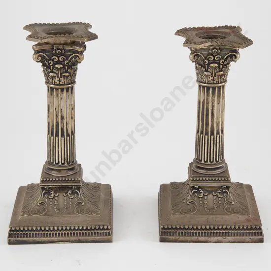 Pair Late Vict S/Plate Corinthian Column Candlesticks