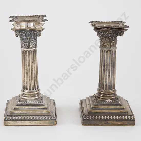 Pair Vict S/S Corinthian Column Dwarf Candlesticks