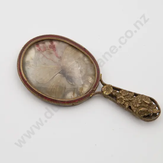 Antique Miniature Mourning Style Gilt Metal Hand Mirror