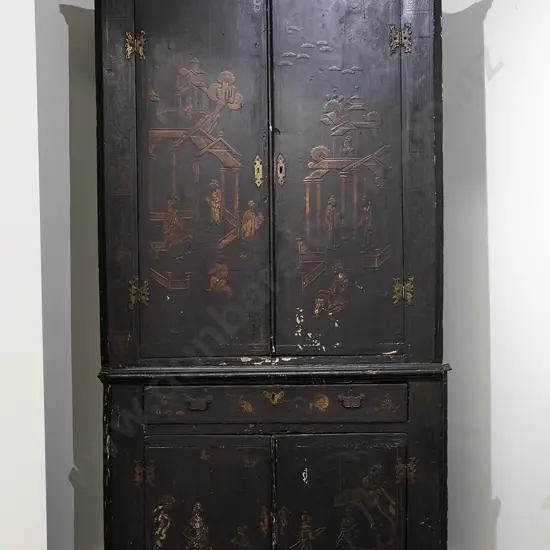 Geo III Black Lacquered Two Stage Corner Cupboard