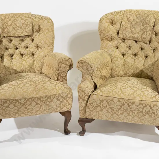 Pair Queen Anne Style Button Back Lounge Chairs