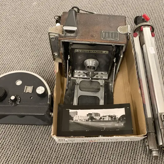 Cyclops Panorama Camera and Speed Graphic Camera and Tripod