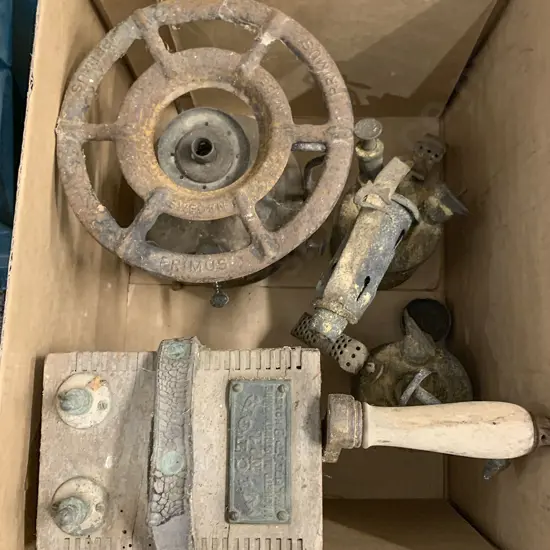 Box of Vintage Metal Ware Including Victor Magneto Blasting Machine