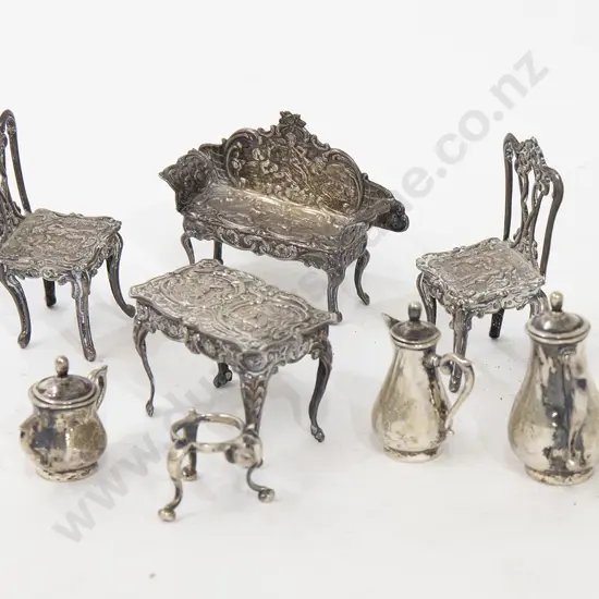 Four Piece Miniature Silver Parlor Suite and Miniature Coffee Set