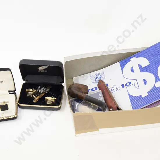 Small Box With Coins Cufflinks and Pipes Etc