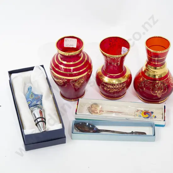 Three Small Venetian Vase With Souvenir Spoons Etc