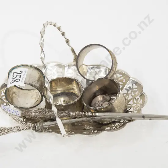 S/S Handled Shoe Horn and Button Hook Together With Four Napkin Rings and Pill Box