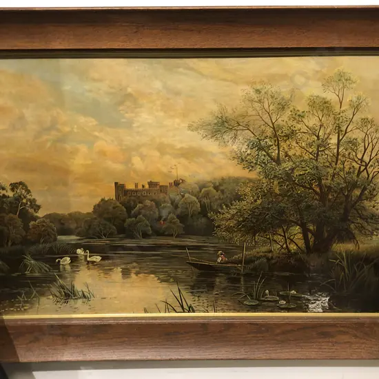 Victorian Chromolithograph River Landscape With Castle