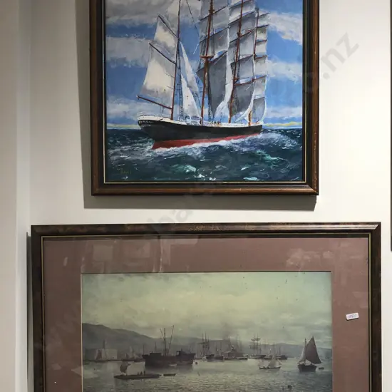 Oil of Sailing Ship and Print of Lambton Harbor After John Gibb