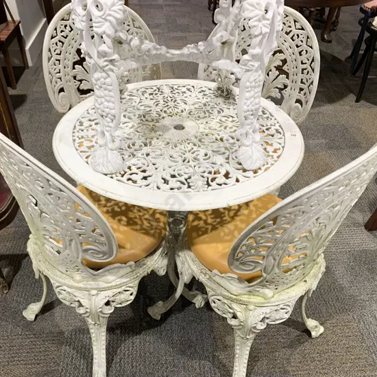White Cast Metal Garden Table and Four Chairs