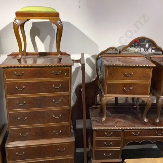 Reproduction Burr Walnut Seven Piece Bedroom Suite