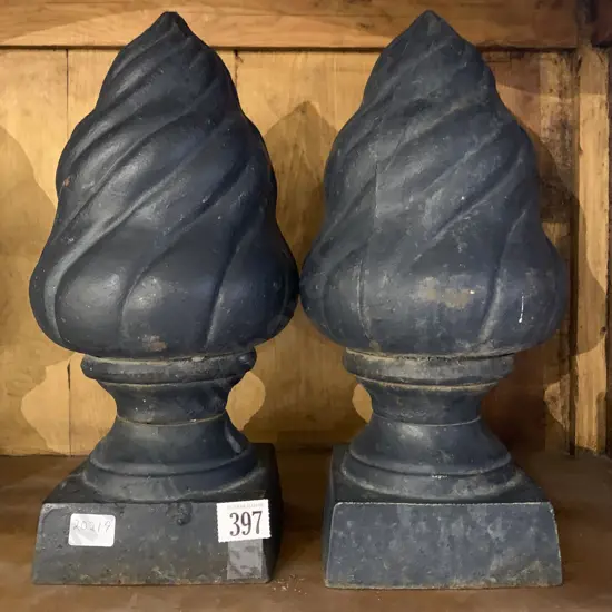 Pair of Cast Iron Flaming Finneals