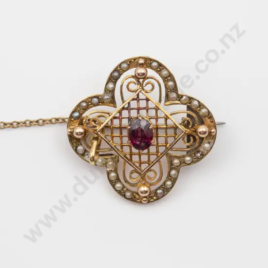 Edwardian 9ct Single Garnet and Seed Pearl Brooch