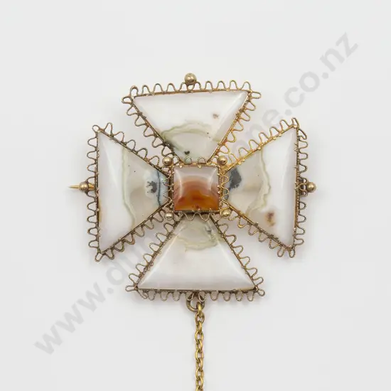 Victorian White Agate and Carnelian Maltese Cross Design Brooch
