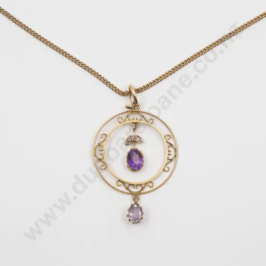Edwardian 9ct Two Stone Amethyst Circlet Pendant