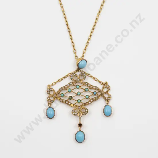 Edwardian 9ct Turquoise and Seed Pearl Pendant
