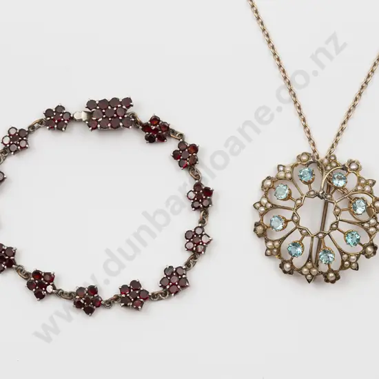 Edwardian 9ct Topaz and Seed Pearl Circle Brooch/Pendant and Garnet Bracelet
