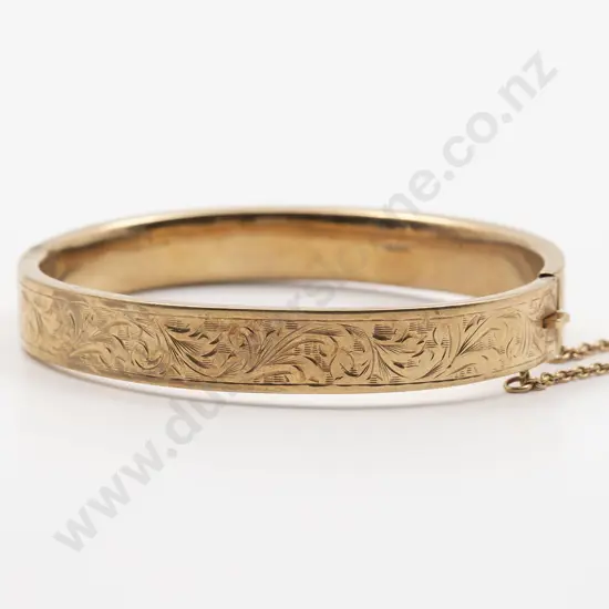9ct Hollow Half Engraved Hinged Snap Bangle