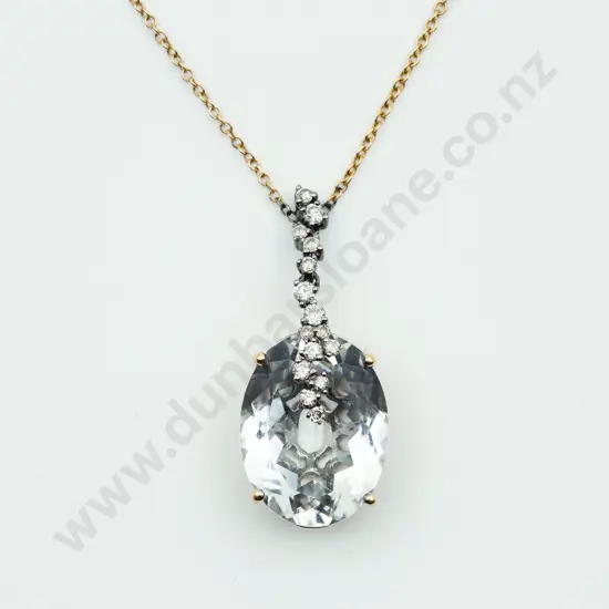 14ct White Gold Single Clear Quartz and Diamond Pendant