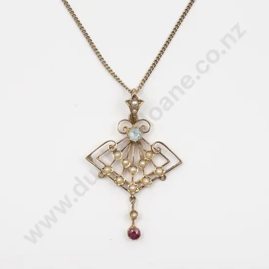 Edwardian 9ct Aquamarine and Seed Pearl Pendant