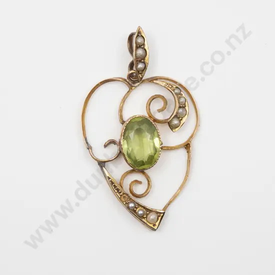 Edwardian 9ct Green Peridot and Seed Pearl Pendant