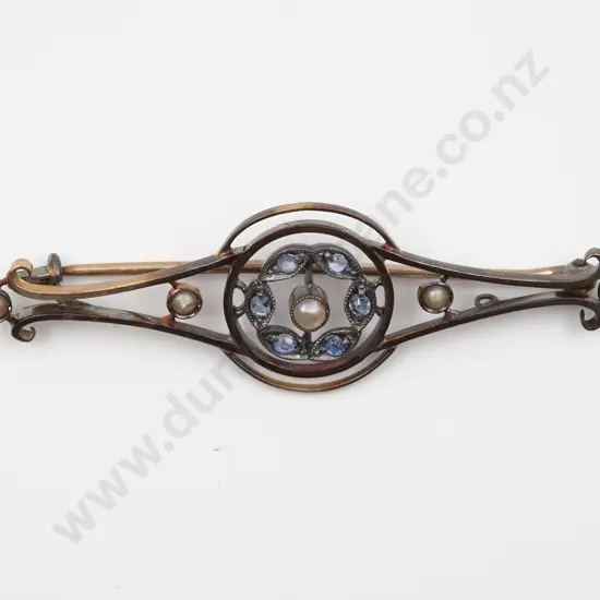 Edwardian 9ct Sapphire and Seed Pearl Bar Brooch