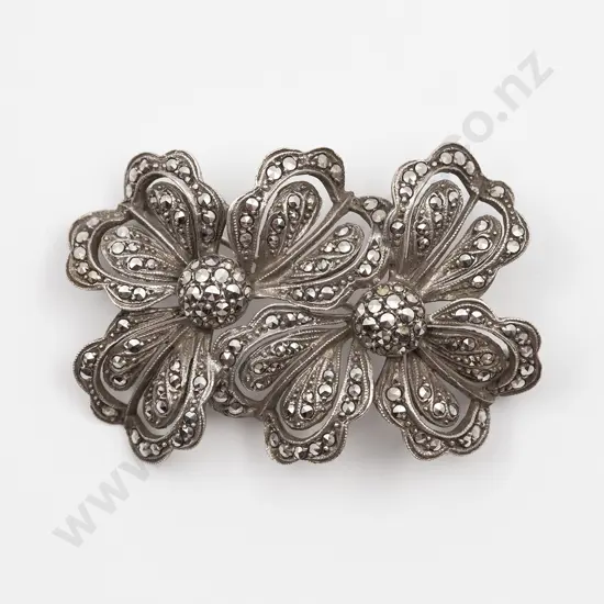 Art Deco German Sterling and Marcasite Double Flower Head Brooch