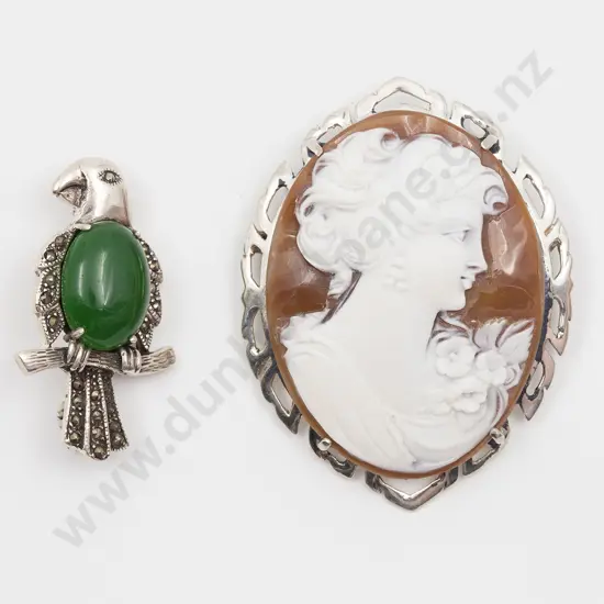 S/S Mounted Portrait Cameo Brooch and Parrot Brooch