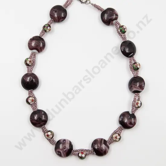 Single Strand Cloisonné and Mauve Swirl Glass Bead Necklace