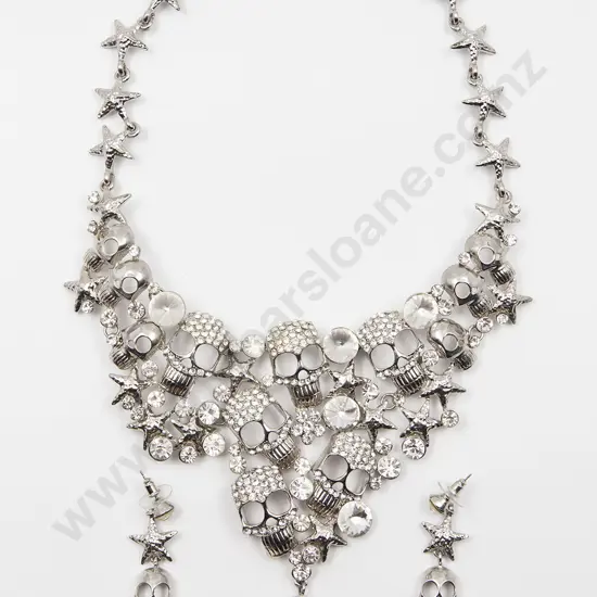 Costume White Metal Diamonte Skull Necklace and Earrings