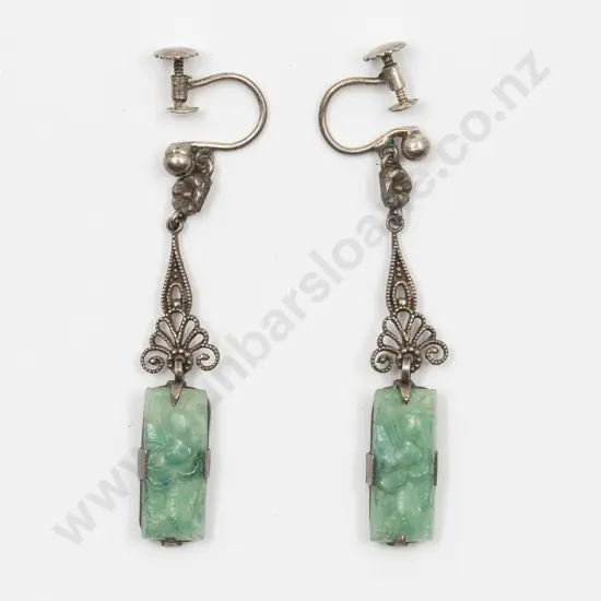 Pair Art Deco Silver and Jade Style Pendant Earrings
