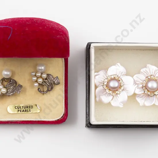 Two Pair Pearl Earrings and Shell Flower Earrings