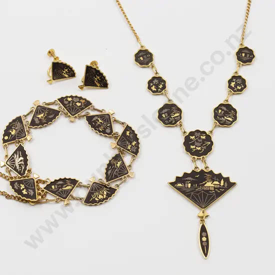 Japanese Shakudo Vintage Damascene Jewellery Set of fan design necklace