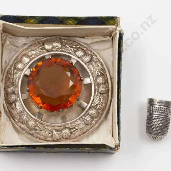Large Scottish Silver Plate and Cairngorm Glass Kilt Brooch and thimble