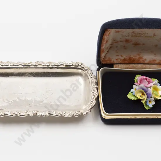 Original Boxed Coalport Floral China Brooch and s/plated pin tray for Steward Dawsons
