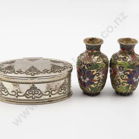 Silver Plate Jewel Box and Pair Cloisonne Vases