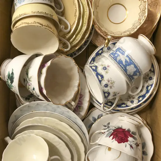 Box of Assorted Fancy China Cups and Saucers Including Royal Albert
