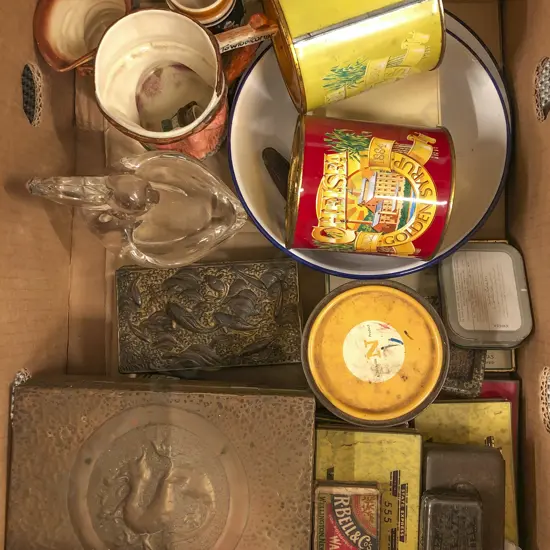 Box of Assorted Vintage Including Tobacco Tins