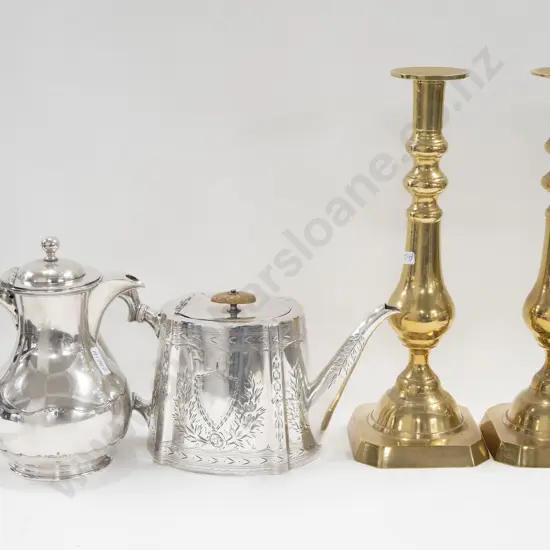 Pair of Brass Candlesticks Together With 2 Pieces of S/P