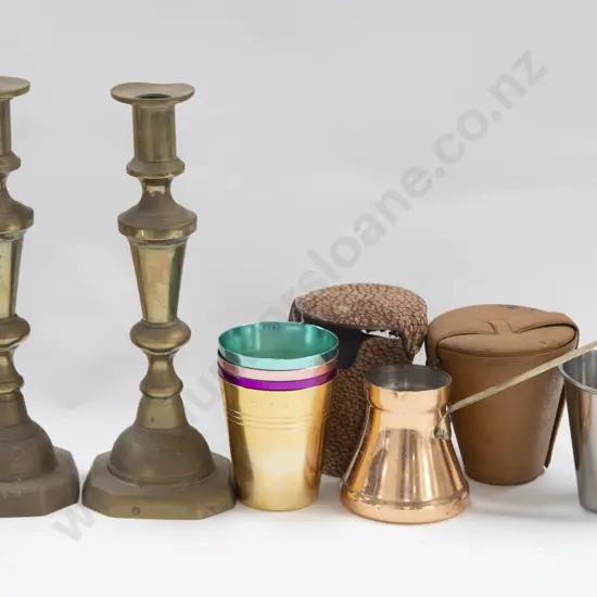 Small Box of Metal Ware Including Pair of Candlesticks