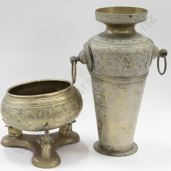 Tapered Brass Vase Together With Brass Planter on Elephant Form Stand