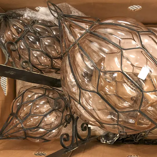 1950's Wrought Iron and Hand Blown Glass Light Fittings