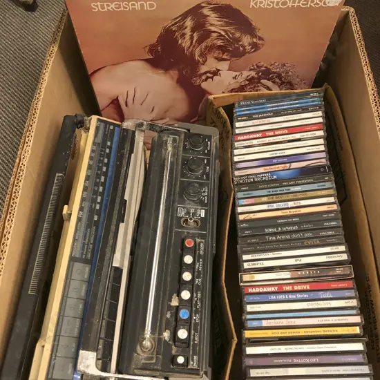 Box Including Records Vintage Radios and CD's