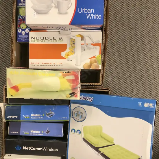 2 Boxes of Assorted Including Appliances and Boxed Modern Dinner Set