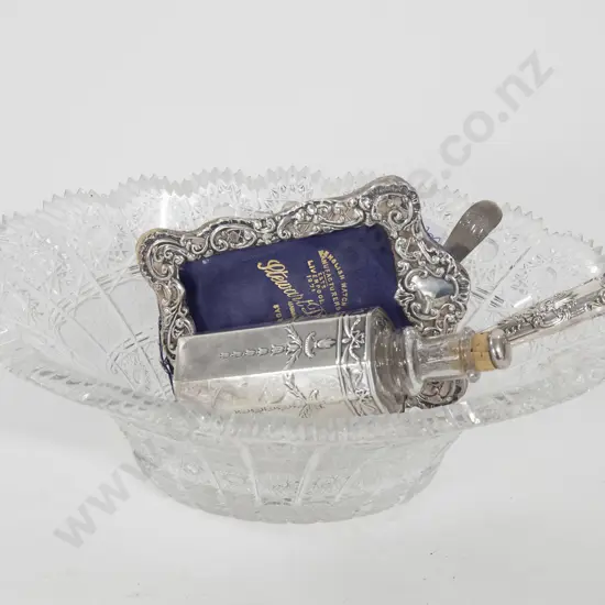 Octagonal S/S Scent Bottle Together With Small Qty of S/S and Pressed Glass Basket