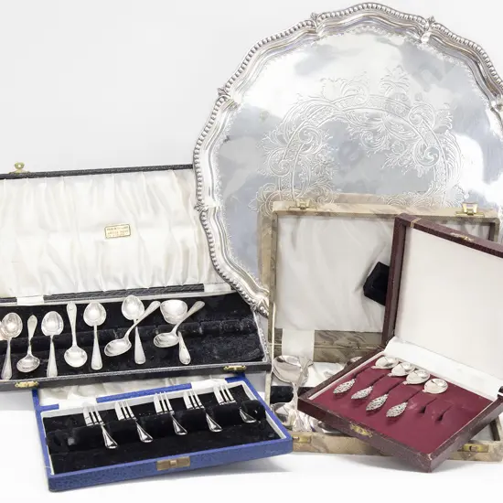 Qty of Assorted Boxed Cutlery on Footed Silver Plate Tray