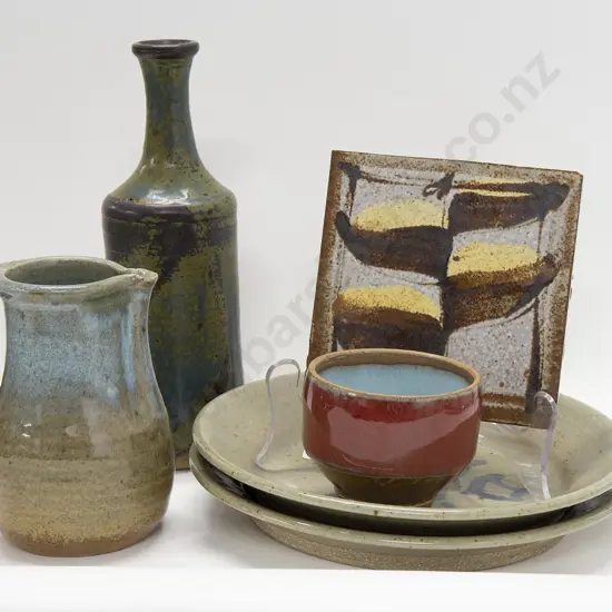 Paul Tobin Pottery Together With 2 Paul Meltzer Pottery Plates a Tea Bowl Bottle Vase and Trivet