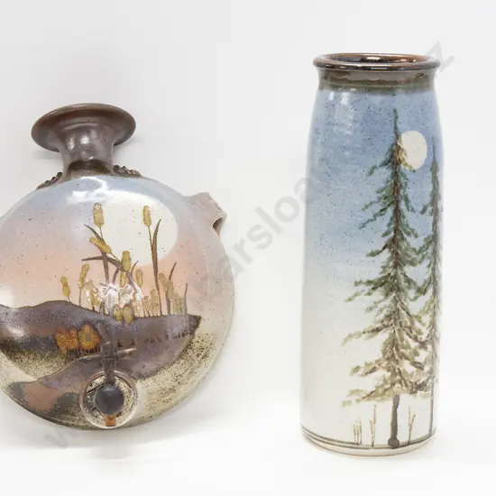 Hand Painted Pottery Wine Wall Flask Together With a Stoneware Vase