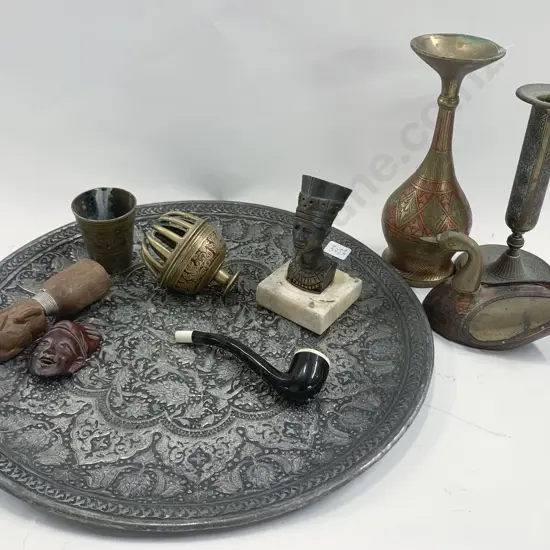 Qty of Assorted Metal and Wooden Ornaments on Embossed Tray