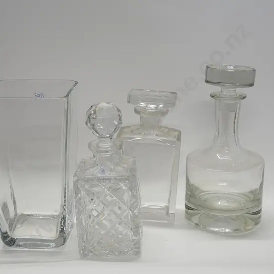 3 Crystal and Glass Decanters Together With Vase (AF)